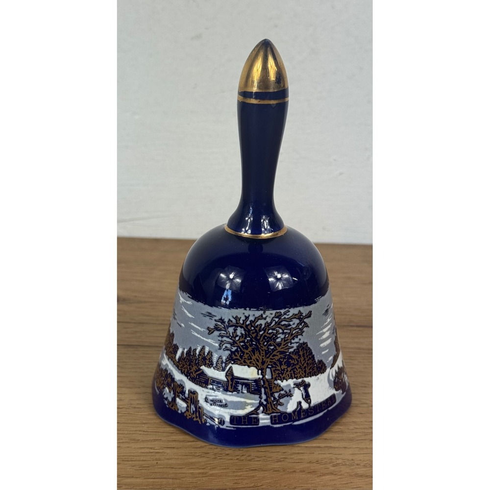 Currier & Ives The Homestead in Winter Bell Cobalt Blue Gold Porcelain 5.25in